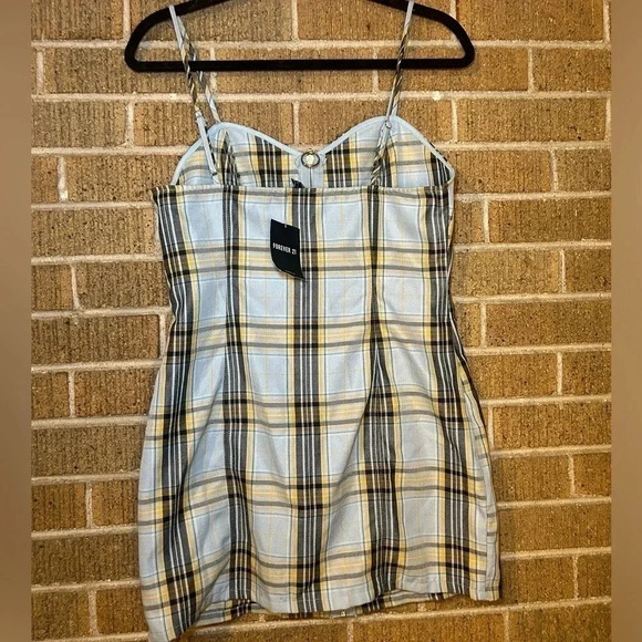 NWT Bodycon Mini Dress Blue/Yellow Plaid Forever 21 Adjustable Straps Zip - Picture 3 of 5